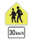 This sign indicates This is a school zone, 30km/h limit in effect from 8am to 5pm on school days